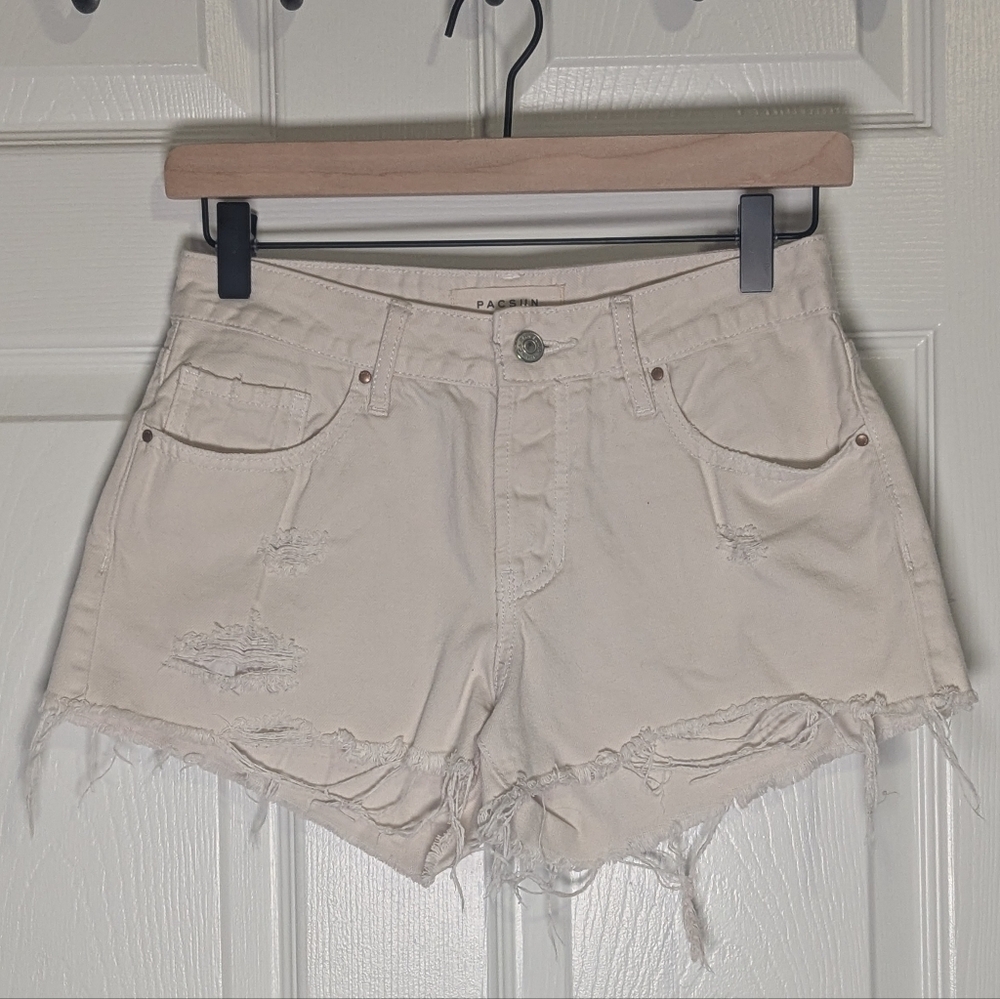 PacSun White Distressed Denim Shorts Size 24 Mid Rise Raw Hem Festival Summer